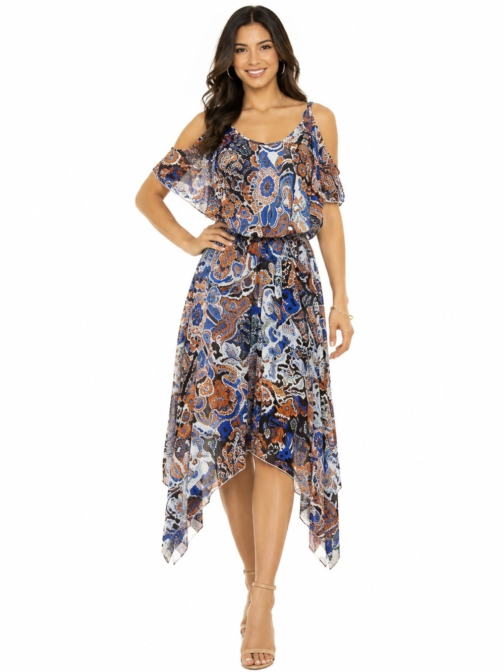 ROBBIE BEE Chiffon midi Dress boho Scarf Print Cold Shoulder women’s 6 artsy